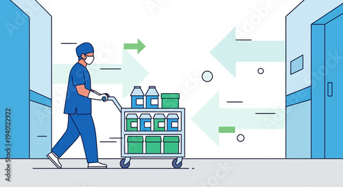 Healthcare worker pushing medical supplies cart in hospital corridor, logistics concept