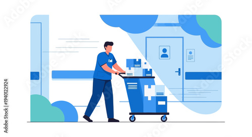 Healthcare worker pushing medical supplies cart in hospital corridor