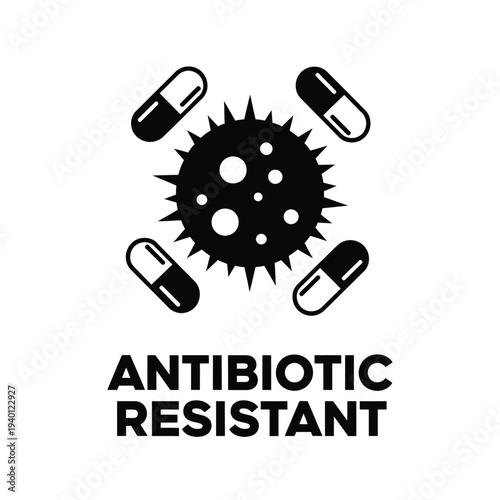 A graphic depiction illustrates antibiotic resistance showing pills surrounding a spiky virus or bacteria cell high quality professional detailed modern elegant stylish clean crisp