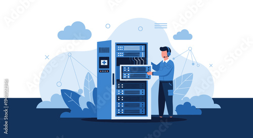 IT technician installing server rack in data center, technology concept