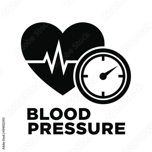A black silhouette depicts a heart with a heartbeat line and a clock accompanied by the text blood pressure below high quality professional detailed