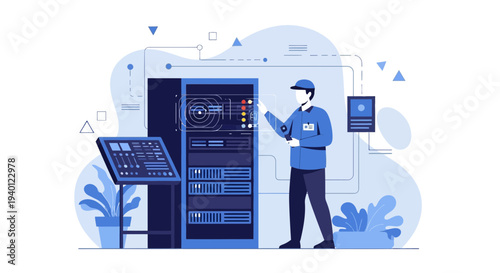 IT technician working on server rack in data center, technology concept