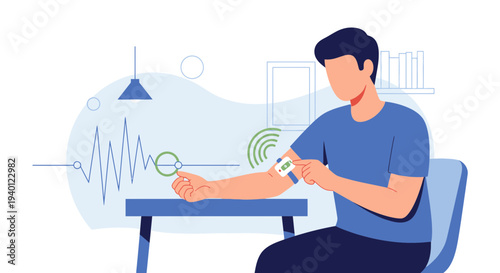 Man applying wearable health monitor on arm, digital health technology concept