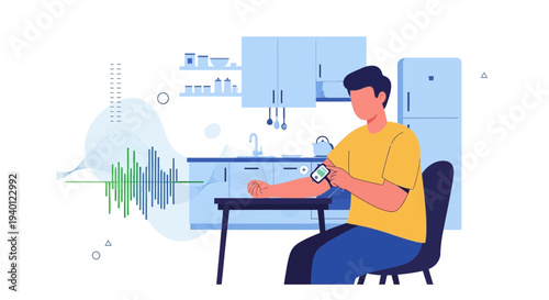 Man checking blood pressure at home with health monitoring device, kitchen background