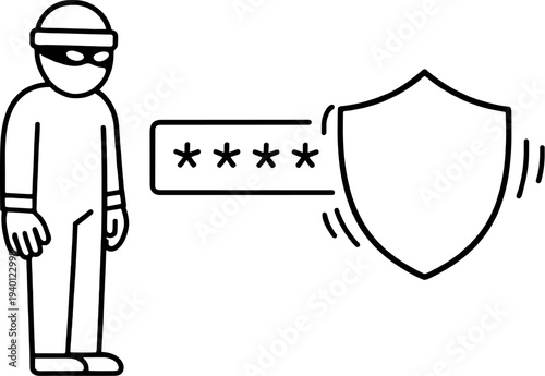 Cyber Security and Data Protection Minimal Line Art Illustration with Hacker and Shield Icon. Protecting Digital Privacy from Cybercrime and Data Theft.