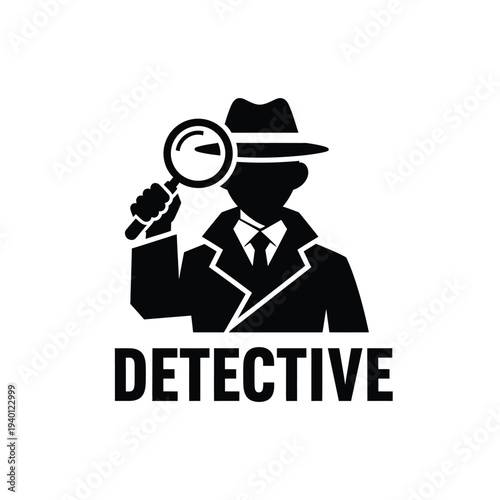 A stylized black silhouette depicts a detective holding a magnifying glass investigating with a classic fedora and trench coat high quality professional detailed modern