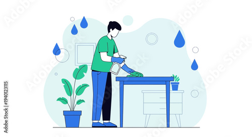 Man cleaning table with spray and cloth, home hygiene concept, illustration