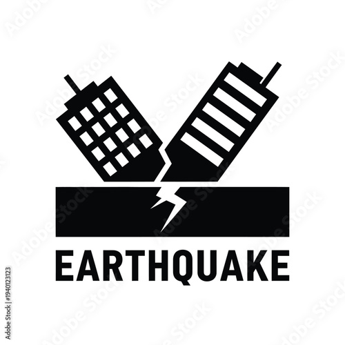 A stark black and white graphic depicts two buildings fracturing and splitting apart above a jagged line symbolizing an earthquake high quality professional detailed modern elegant