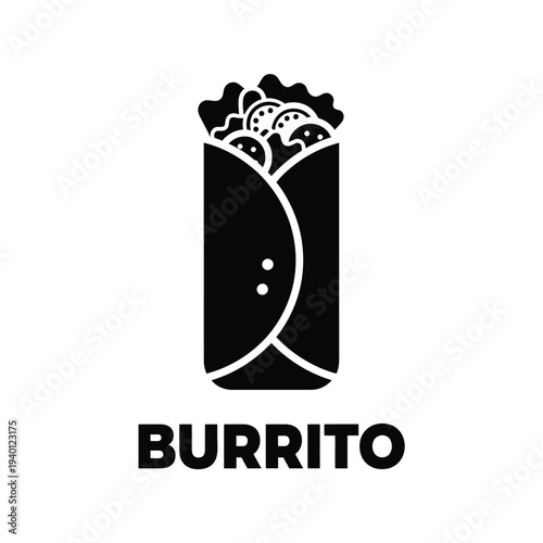A stylized black and white illustration depicts a wrapped burrito with visible fillings accompanied by the text burrito underneath high quality professional detailed modern elegant stylish