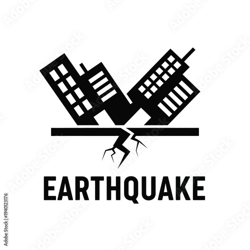 A stark black and white graphic depicts two buildings fracturing and tilting above a cracked ground line with earthquake text high quality professional detailed