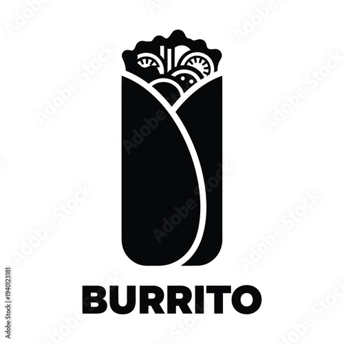 A simple bold black and white illustration depicts a wrapped burrito with visible fillings accompanied by the word burrito underneath high quality professional detailed