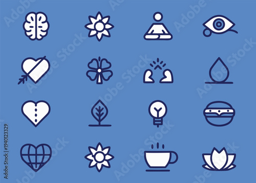Sixteen wellness and mental balance icons such as a meditating figure and a lotus flower shown in a grid on a blue background.