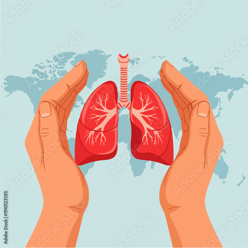 Human lungs held protectively by two hands with a world map background.