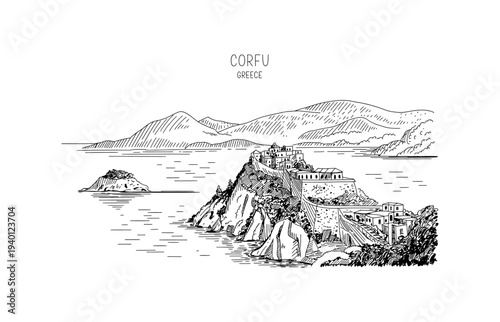Hand-drawn sketch of Corfu Greece coastal village with fortress and sea vector illustration