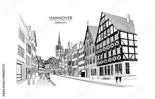 Hand-drawn sketch of historic Hannover Germany street with timber-framed buildings