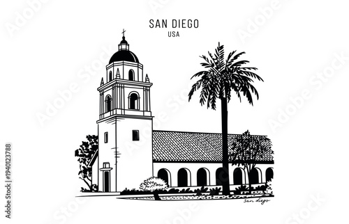 Hand-drawn sketch of San Diego California mission with palm tree church architecture