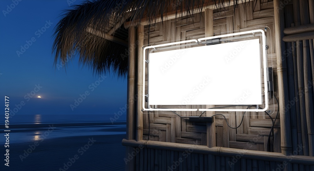 Fototapeta premium Tranquil tropical evening scene featuring a blank neon-framed sign mounted on a woven bamboo wall