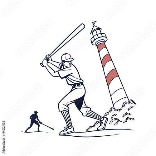 Vector illustration of baseball player hitting ball near lighthouse