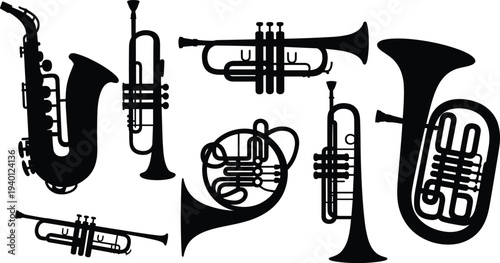 Brass and wind musical instrument silhouettes set including trumpet, saxophone, tuba, and French horn isolated on white background, jazz band music illustration