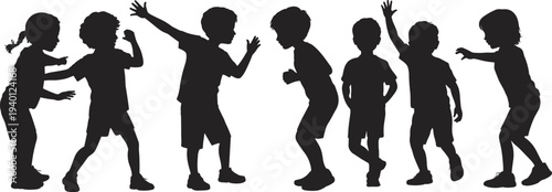Children silhouettes playing and dancing together in different poses, happy kids activity and playful childhood moments isolated on white background illustration