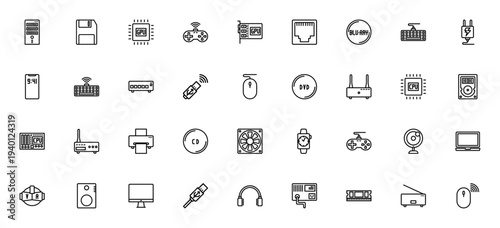 Computer & IT icon set. Minimal vector icons pack. Includes case, CPU, GPU, keyboard, mouse, router, USB, hard drive, laptop, monitor and more. Editable stroke.