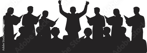 Choir conductor leading vocal ensemble with singers holding sheet music, choral performance silhouettes isolated on white background, classical music choir illustration