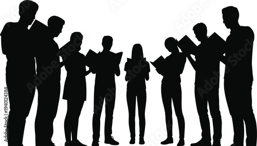 Choir singers silhouettes holding sheet music performing choral harmony together, vocal ensemble group isolated on white background, classical music performance illustration