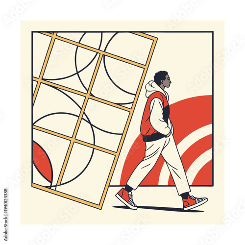 Vector illustration of a man walking past geometric shapes
