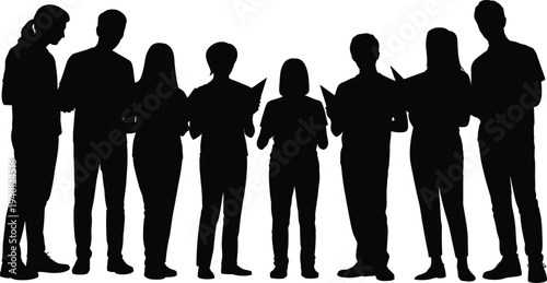 Choir singers silhouettes standing together holding sheet music, vocal ensemble performing choral harmony isolated on white background, classical music illustration