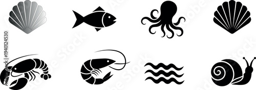 Sea creatures and shells silhouette collection oceanic shapes and forms