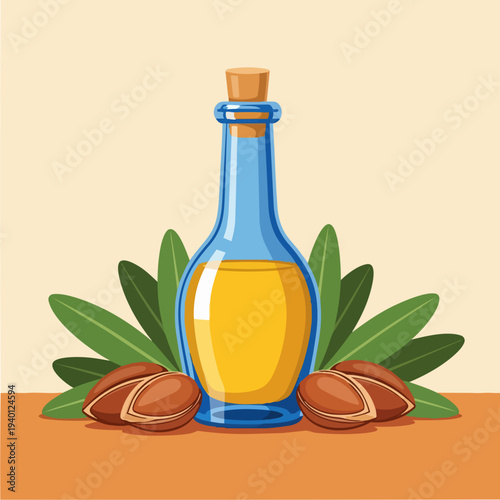 Bottle of Argan Oil with Argan Nuts and Leaves.
