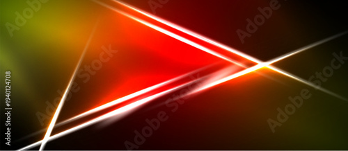 Abstract design features vibrant red, orange, yellow gradients. White lines intersect creating dynamic visual effect. Dark background enhances contrast.