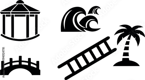 Silhouette icon set featuring gazebo wave palm tree bridge and ladder in black on white background for design and decoration
