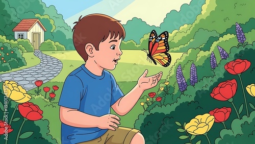 Boy interacting with butterfly in garden.