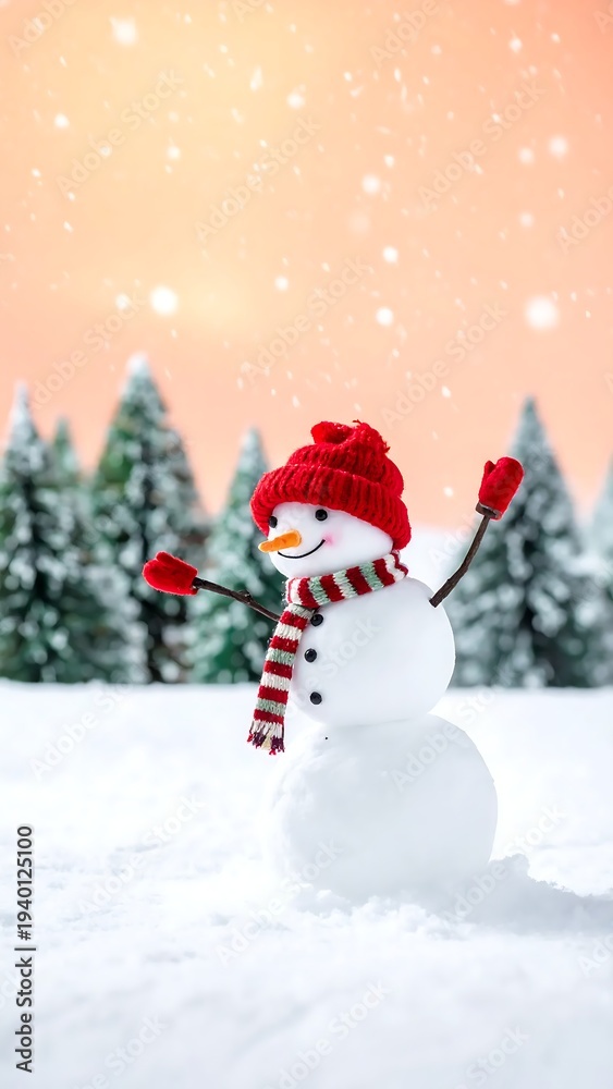 Fototapeta premium A snowman wearing a red hat and scarf in a snowy landscape