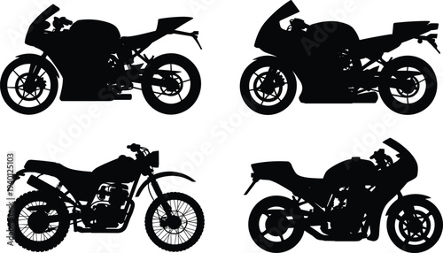 Sport motorcycle silhouette set including racing bike, dirt bike and sport motorbike profiles isolated on white background, motorbike collection illustration
