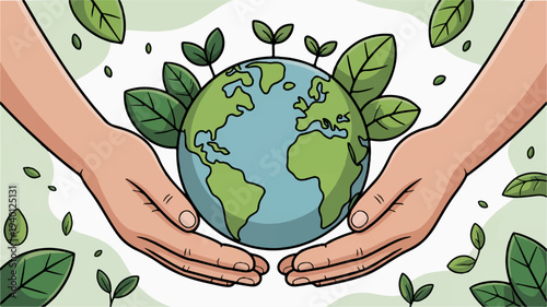 Hands cradling earth globe with green leaves symbolizing environmental care and protection