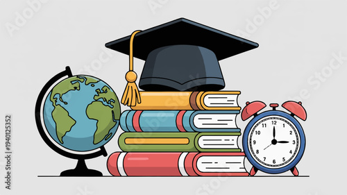 Graduation cap on stack of books with globe and alarm clock symbolizing education and time management on a white background colorful illustration
