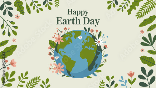Earth day illustration with globe surrounded by lush greenery and flowers on light background promoting environmental awareness and conservation