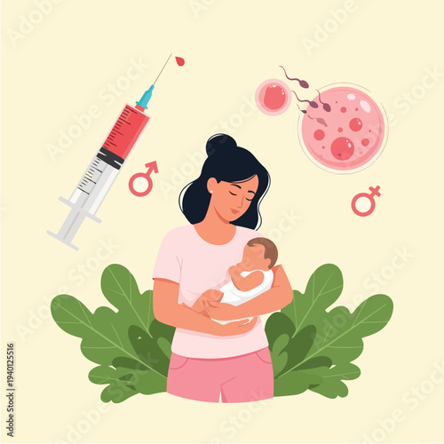 Mother holding baby with medical symbols of fertility treatment.