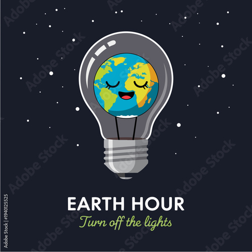 Cute cartoon earth inside a light bulb representing earth hour.