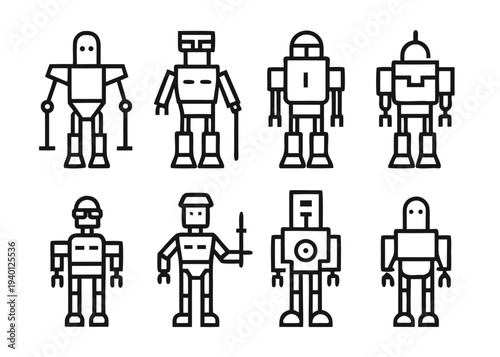 Eight different bipedal mechanical robot icons with varying body shapes and integrated weapon systems are displayed in a two-row grid layout on white.
