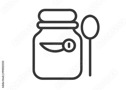 A vector line drawing shows a glass baby food jar with a thick lid and an individual long spoon placed vertically beside the container.