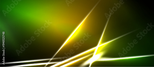 Abstract background features vibrant green, yellow light streaks. Dynamic composition creates energy, modern aesthetic. Dark areas contrast bright elements.