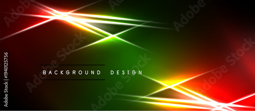 Abstract vibrant lines intersect over dark background. Red, green, yellow hues create dynamic visual effect. Modern design element.
