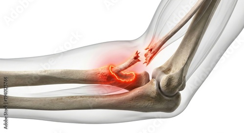Distal bicep tendon rupture elbow joint anatomy rendering displaying complete cartilaginous tissue snap representing painful orthopedic sports injury within medical healthcare science
