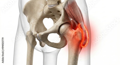 Trochanteric bursitis hip joint anatomy render displaying inflamed fluid filled bursa over greater trochanter representing chronic orthopedic condition within medical science healthcare