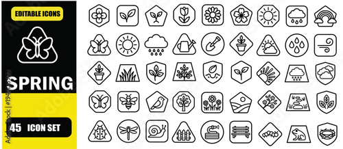 Spring Outline Icon Set, Blooming Flowers, Nature Season, Garden, Butterfly, Rain, Sunshine, Editable Line Vector Illustration for Web and App