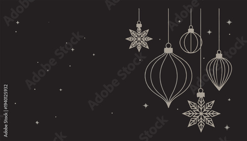 Holiday Ornaments and Snowflakes Hanging on Black Background with Stars Festive Design vector illustration