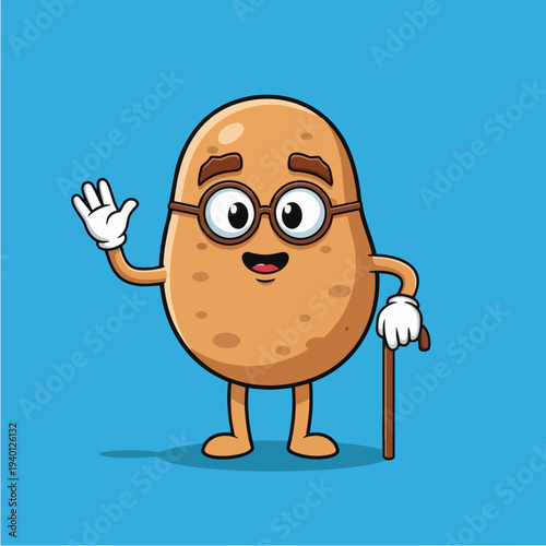 Cartoon potato character wearing glasses and holding a cane.